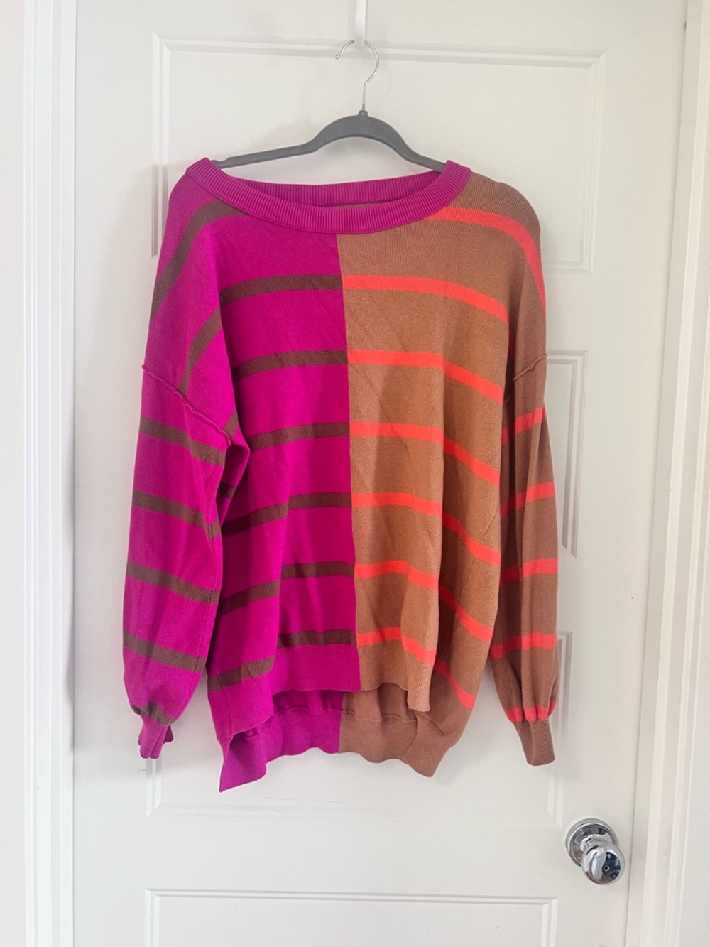 Amazon Colorblock Crewneck Sweater in Magenta, Brown & Coral Stripe